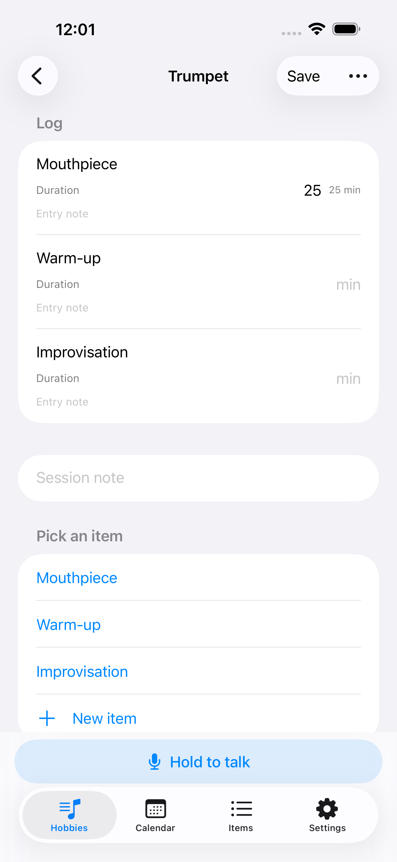 Logging a session with draft rows and hold-to-speak