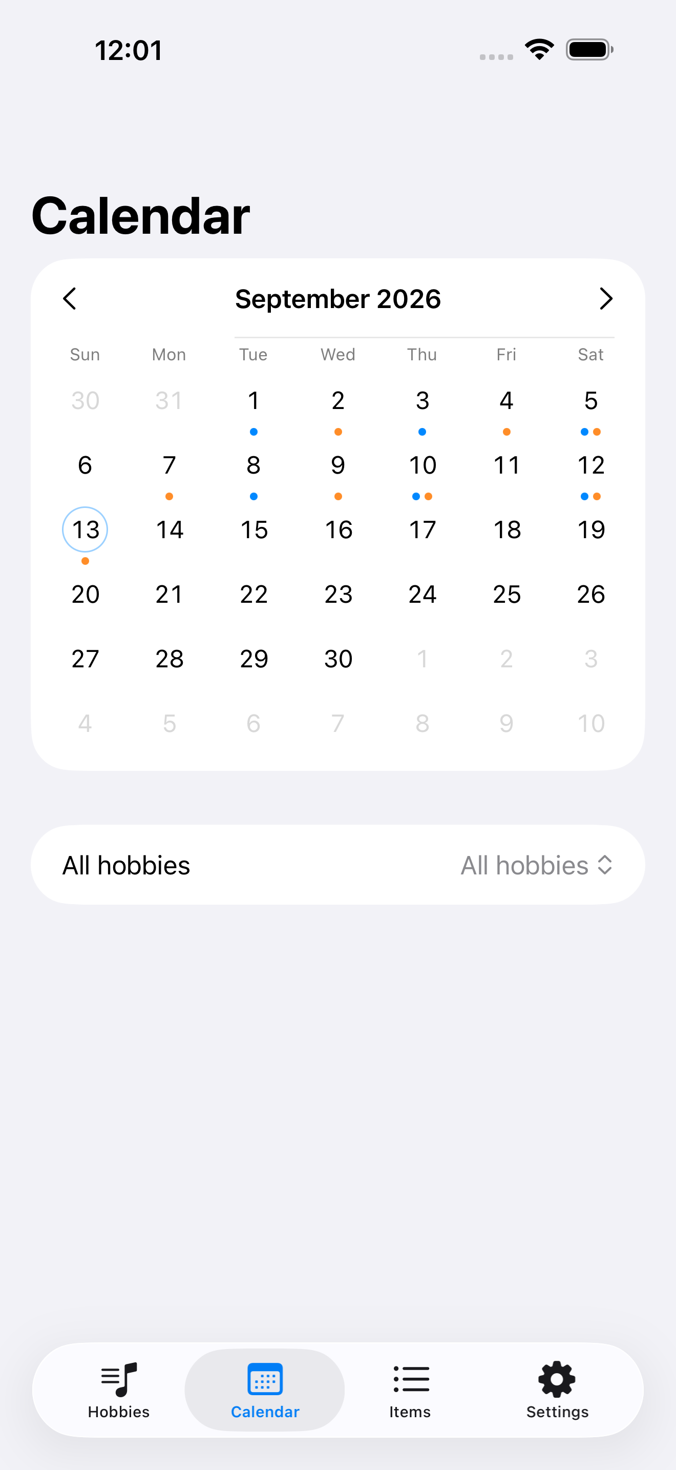 Month calendar dotted by hobby